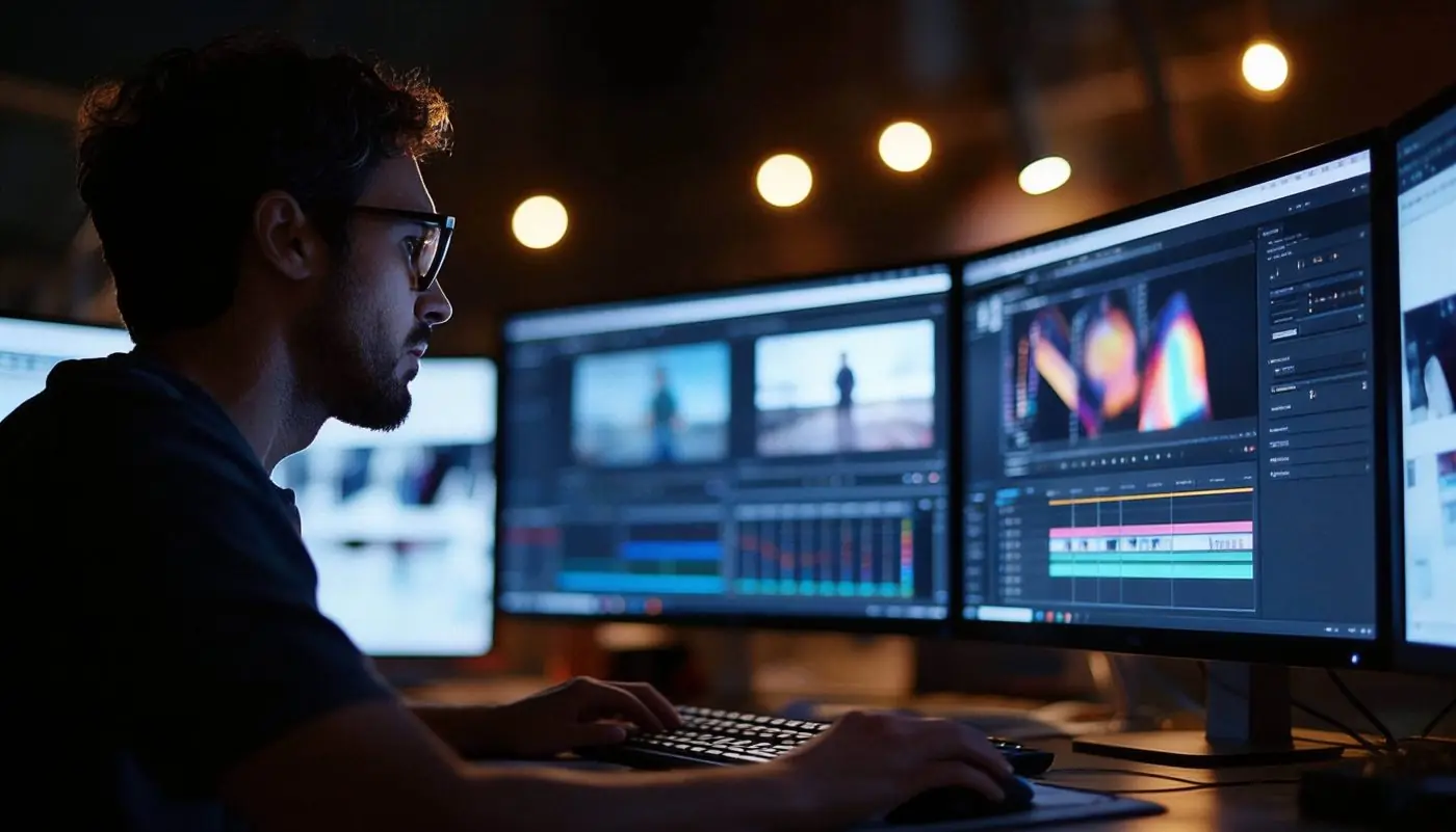 Editor de vídeo com óculos diante de monitores com timeline de edição e gráficos animados