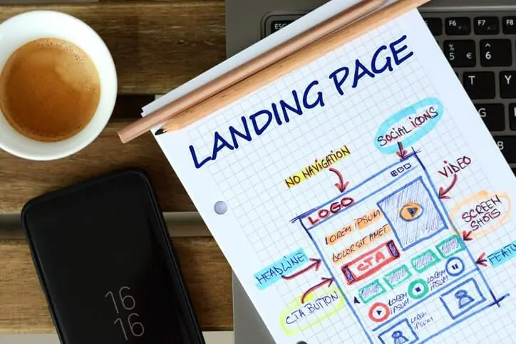Rascunho de landing page no papel com logo, headline, vídeo, ícones sociais e botão de CTA, ao lado de café