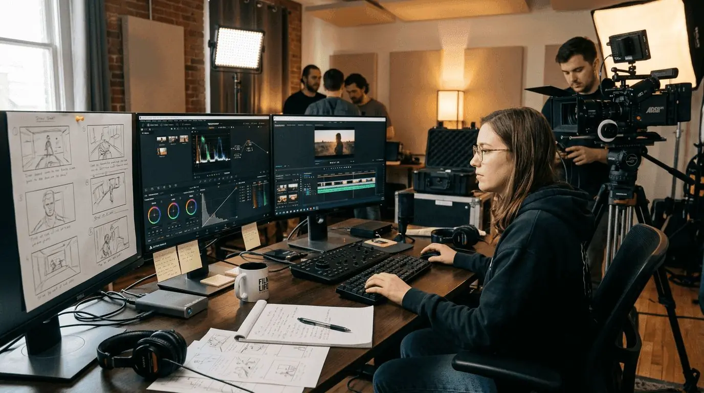 Editora de vídeo com storyboard e correção de cor nos monitores enquanto equipe prepara câmera ao fundo