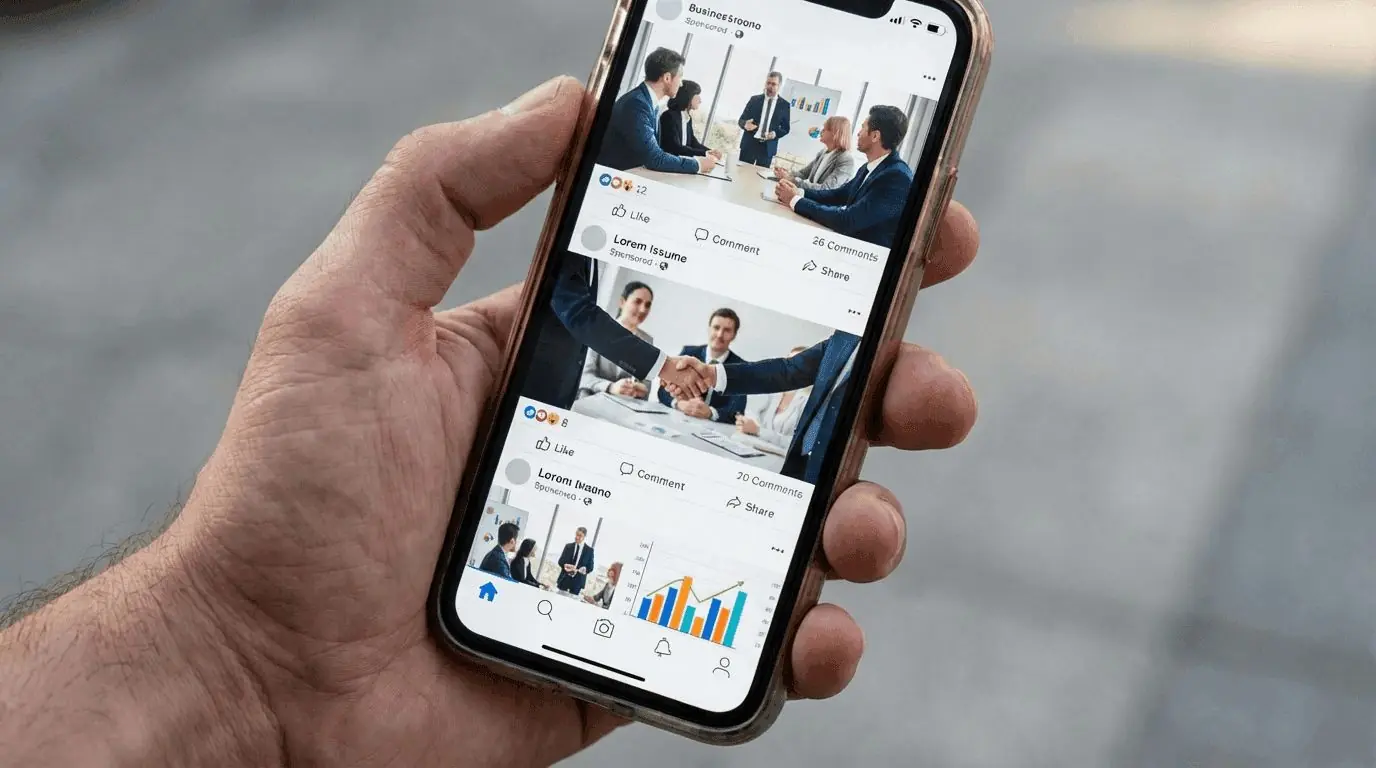Mão rola feed no celular com posts corporativos quase idênticos de reuniões e gráficos