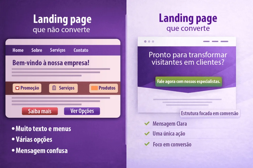 Comparativo: landing page confusa, com muitos menus e opções, e página com mensagem clara e um único CTA