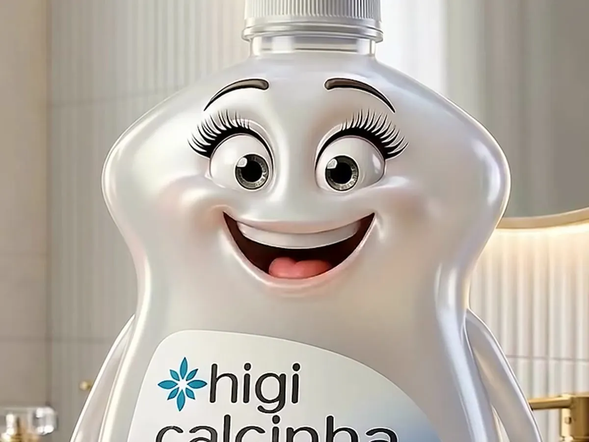 Mascote Higi Calcinha criado com IA: frasco de sabão cremoso sorridente, com rosto, braços e pernas