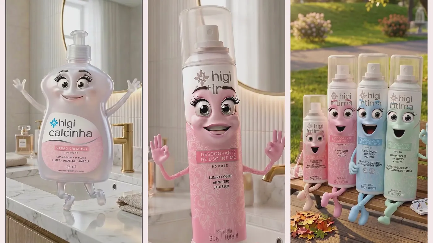 Produtos Higi Mulher animados com IA: Higi Calcinha, desodorante íntimo e a linha Higi Íntima como personagens 3D