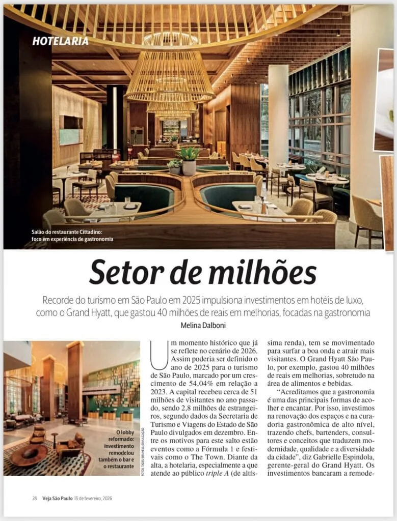 Página da Veja São Paulo sobre o Grand Hyatt, que investiu R$ 40 milhões em gastronomia, com o salão do Cittadino