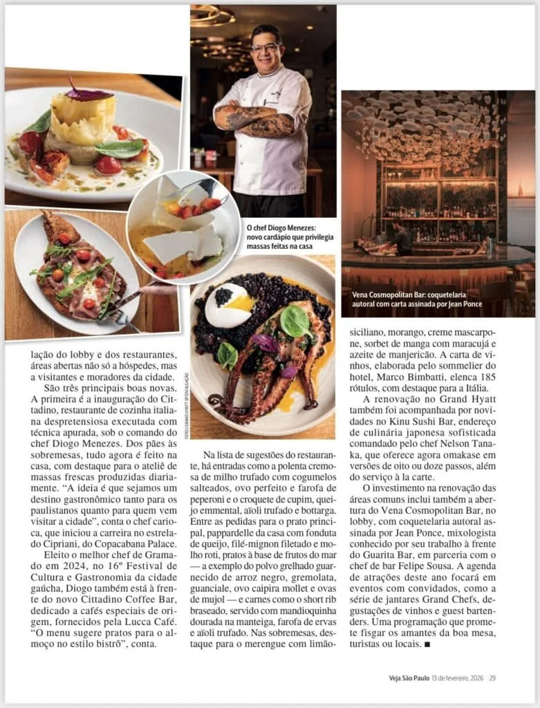 Página da Veja SP com pratos do Cittadino, o chef Diogo Menezes e o Vena Cosmopolitan Bar do Grand Hyatt