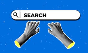 Ilustração de uma barra de busca com a palavra 'SEARCH' e duas mãos estilizadas em preto e branco se aproximando do campo de pesquisa, sobre fundo azul