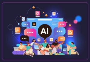 Pessoas utilizando IA para redes sociais em diferentes dispositivos, com ícones de mensagens e recursos digitais ao fundo.
