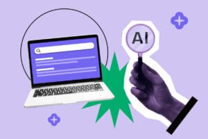 nteligência artificial no marketing digital representada por notebook com busca online e mão robótica segurando símbolo de IA.