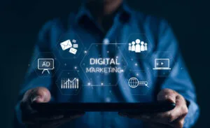 Marketing digital integrado com estratégia de publicidade, análise de dados, redes sociais e presença online em plataforma digital