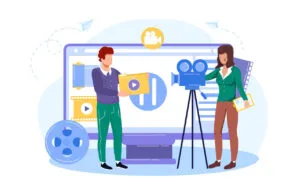 Produção audiovisual para empresas com equipe de gravação e equipamentos profissionais em ambiente corporativo